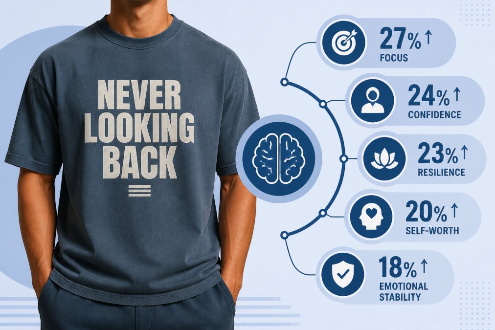 Close-up of a person's chest showing a heavyweight graphic tee with a meaningful quote visible, hands at sides, reflecting quiet confidence