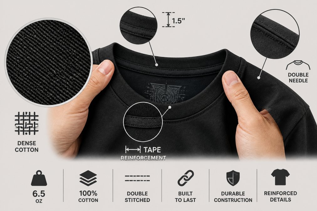 Close-up of heavyweight t-shirt fabric showing dense cotton weave with visible stitching detail, hands holding the collar to demonstrate reinforced neckband construction and shoulder seam quality