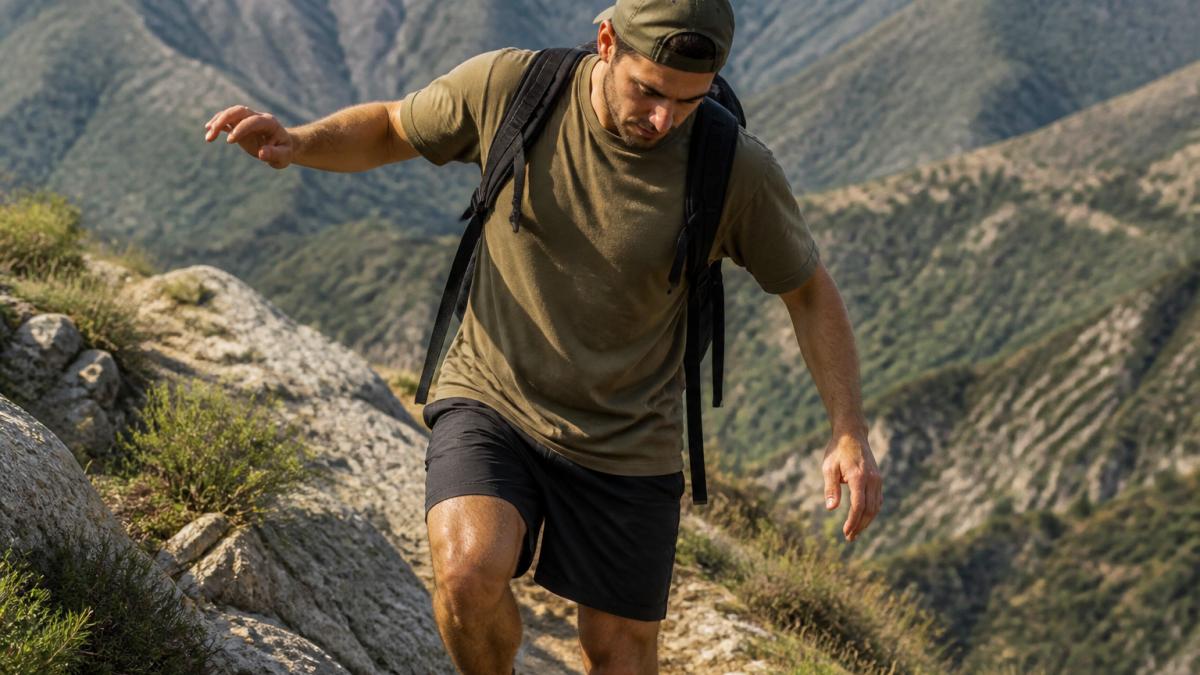 Person wearing heavyweight tee while hiking on rocky mountain trail, arms raised for balance, showing natural movement and fit during outdoor activity with natural sunlight