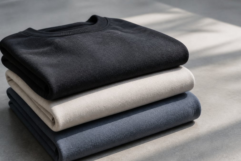 Three folded heavyweight t-shirts in black, vintage pearl, and slate stacked to show fabric texture, weight, and structured drape quality in natural light