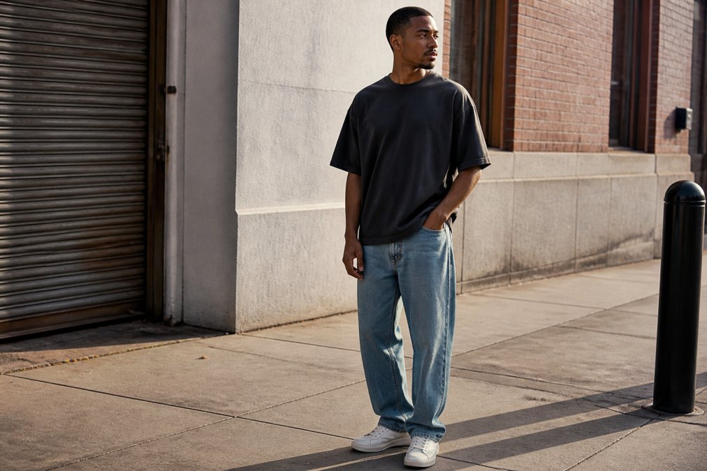 Person wearing a boxy heavyweight tee with dropped shoulders paired with straight-leg denim, standing in natural morning light showing relaxed streetwear silhouette and how the fabric drapes without clinging