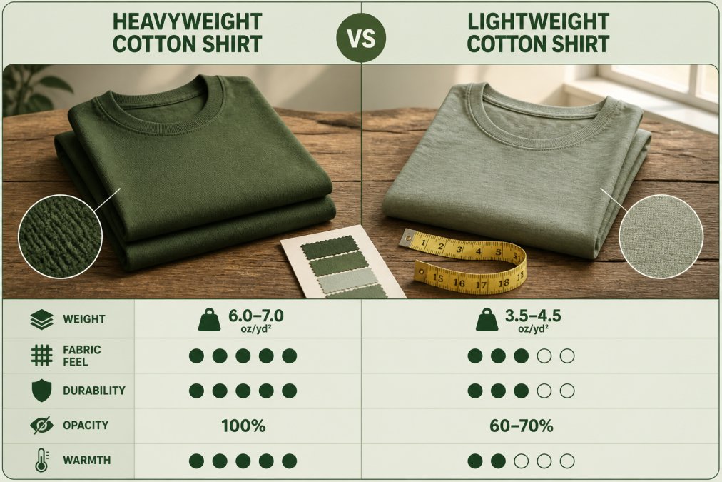 Two folded cotton t-shirts side by side on a rustic wooden table, one thick and opaque with visible texture, one thinner and slightly sheer, a fabric swatch card and yellow measuring tape resting nearby under soft window light