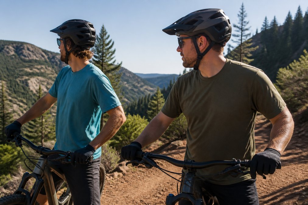 Two trail riders wearing different weight tees during outdoor activity, one in lightweight shirt showing relaxed fit and airflow, the other in heavyweight showing structured drape and durability