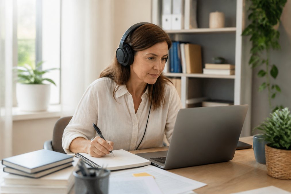 Une formatrice indépendante travaillant sur son ordinateur portable dans un bureau lumineux, avec un casque et un carnet de notes, en train de migrer ses cours vers une nouvelle plateforme LMS.