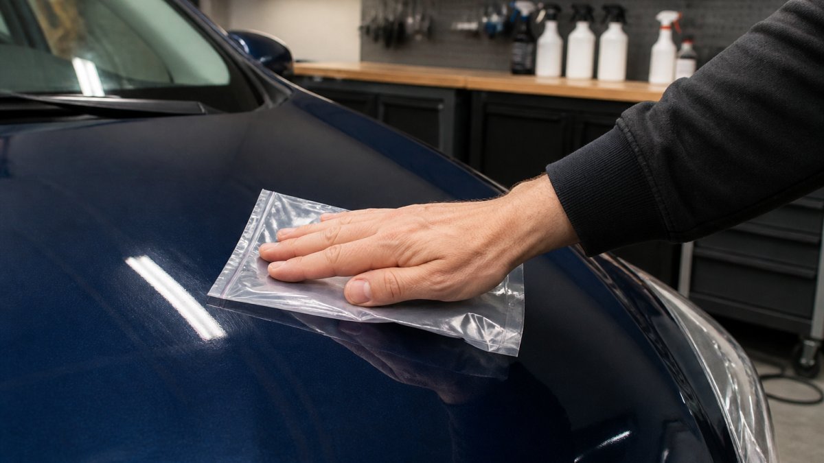 Close-up van een hand die met een doorzichtig plastic zakje over een donkerblauw autopaneel wrijft, in een goed verlichte garage met detailingproducten op de achtergrond