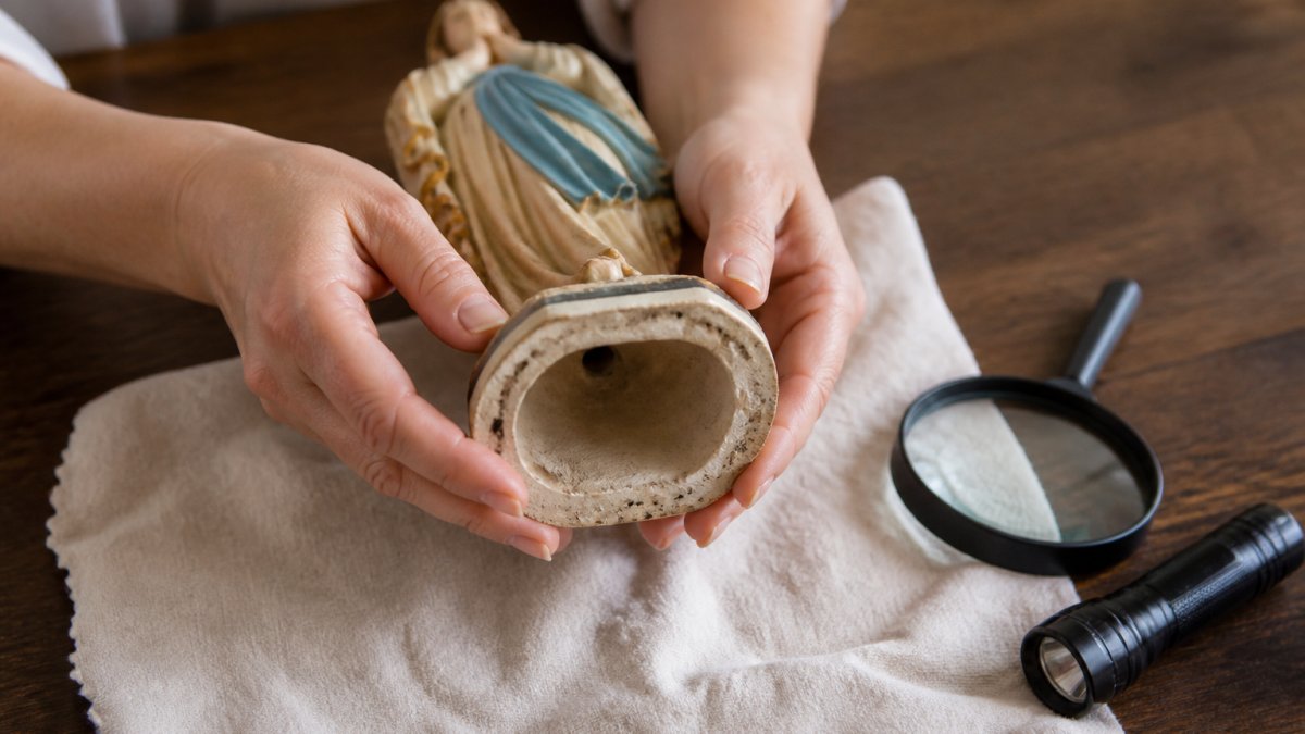 Close-up van handen die voorzichtig de onderzijde van een gipsen heiligenbeeld vasthouden boven een zachte doek op een houten tafel, met een loep en zaklamp ernaast