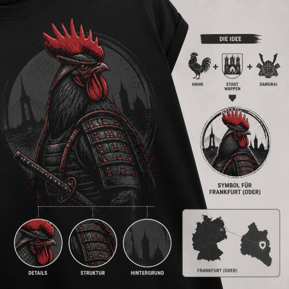 Detailaufnahme des Samurai-Hahn-Motivs auf einem schwarzen T-Shirt, die die feinen Linien und die Farbgebung in Schwarz-Rot-Grau zeigt