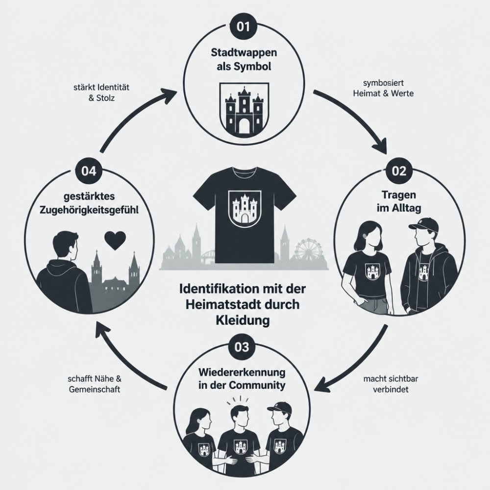 Kreislauf-Diagramm mit vier Stationen: Stadtwappen als Symbol, Tragen im Alltag, Wiedererkennung in der Community, gestärktes Zugehörigkeitsgefühl; beschriftete Pfeile zwischen den Stationen