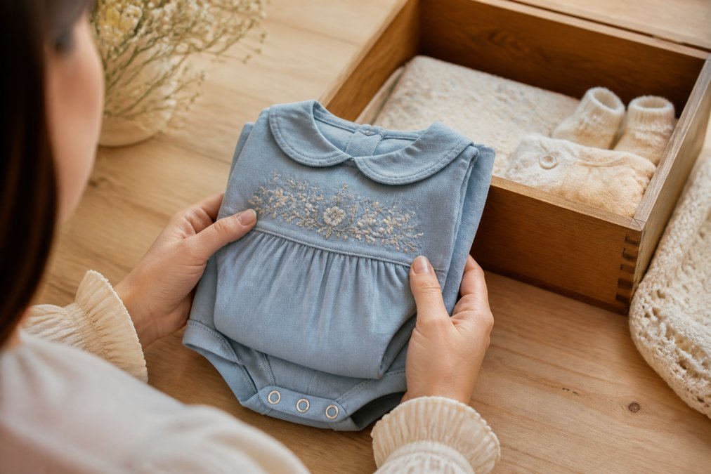 Mother holding a dusty-blue romper with floral embroidery and a Peter Pan collar near a keepsake box.