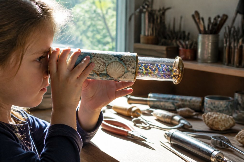 Child's hands carefully holding a colorful Big Jazzy kaleidoscope with seashell-themed exterior, peering through the eyepiece with concentrated wonder, natural sunlight illuminating the vibrant beads visible through the transparent chamber
