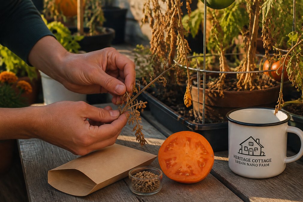 Hands carefully collecting dried seed pods from mature heirloom tomato plants, with a small envelope and seed container nearby on a wooden garden table, golden afternoon light