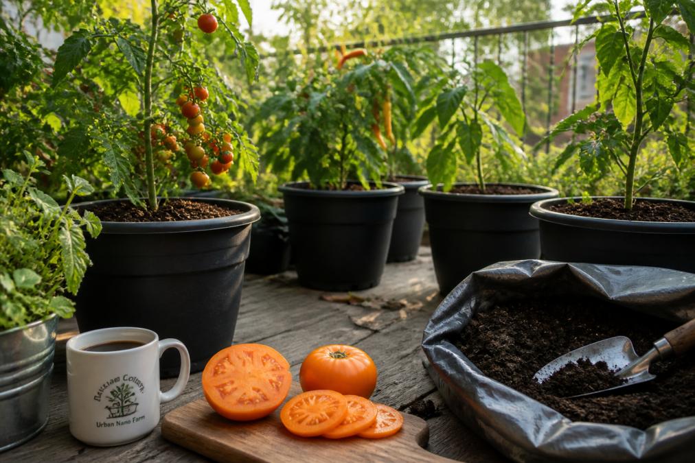 A sunny backyard with several large containers of thriving heirloom vegetables, including vibrant tomato plants and pepper plants with visible dark, rich soil at the pot tops, morning light filtering through leaves