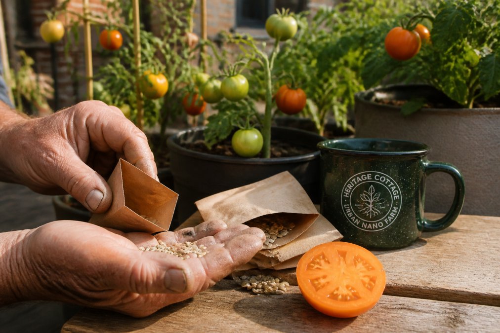 A gardener's weathered hands holding open heirloom seed packets and examining different varieties of tomato seeds, with vibrant heirloom tomato plants growing in the background under morning sunlight