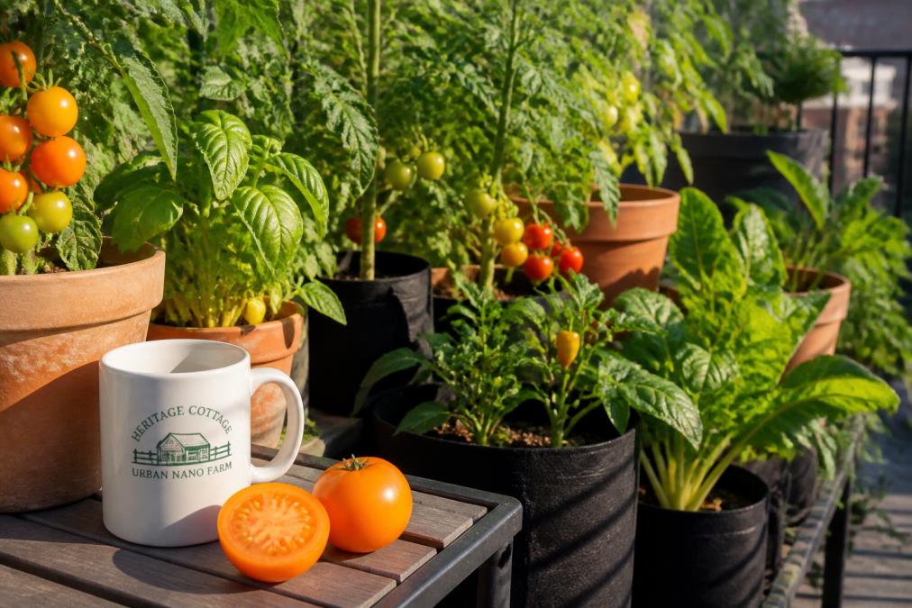 A sunny patio or balcony with multiple terra cotta and fabric containers growing colorful heirloom tomatoes, basil, and peppers in various stages of ripeness, with morning light casting shadows across the plants