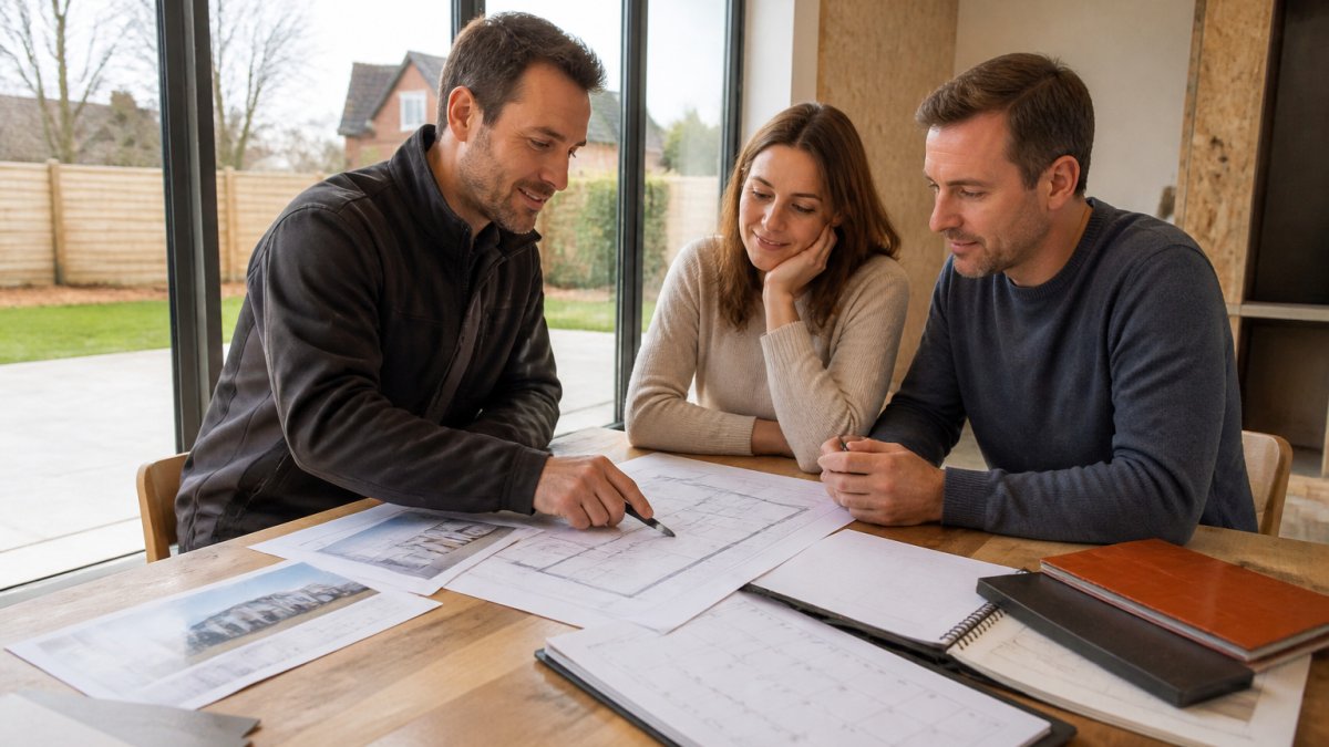 Aannemer en bewoner bespreken renovatieplannen met heldere communicatie en stipte planning aan tafel.