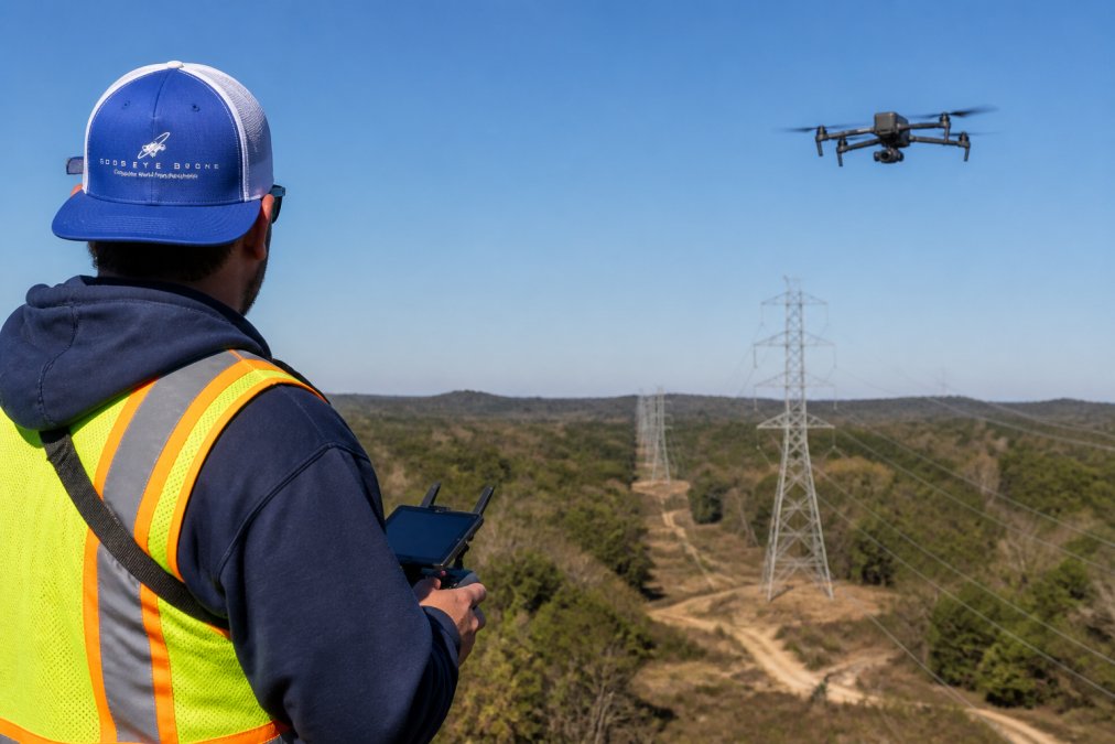 Certified drone pilot operating a UAV equipped with thermal imaging camera over transmission corridor, with power line infrastructure visible below, during daytime flight in clear weather conditions