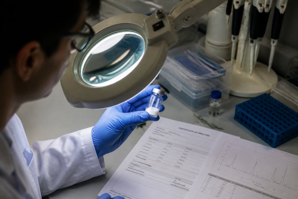 Lab technician verifying peptide purity with a certificate of analysis and HPLC report for a peptide vendor comparison