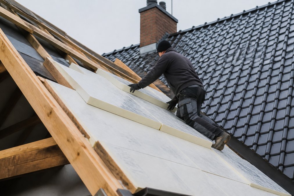 Dakwerker voert sarking-isolatie uit op hellend dak, met PIR-isolatieplaten zichtbaar bovenop de houten spanten, dakbeschot eronder, en vervangen dakbedekking in achtergrond