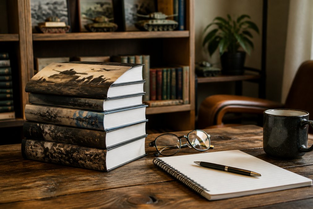 Hardcover military history books with reading glasses and coffee on a desk, relevant to hellgate press vs casemate publishing