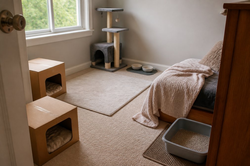 Cozy cat safe room featuring a cat tree in corner, cardboard boxes with openings for hiding, soft blanket on bed, litter box in opposite corner from food bowls, and soft natural lighting from window