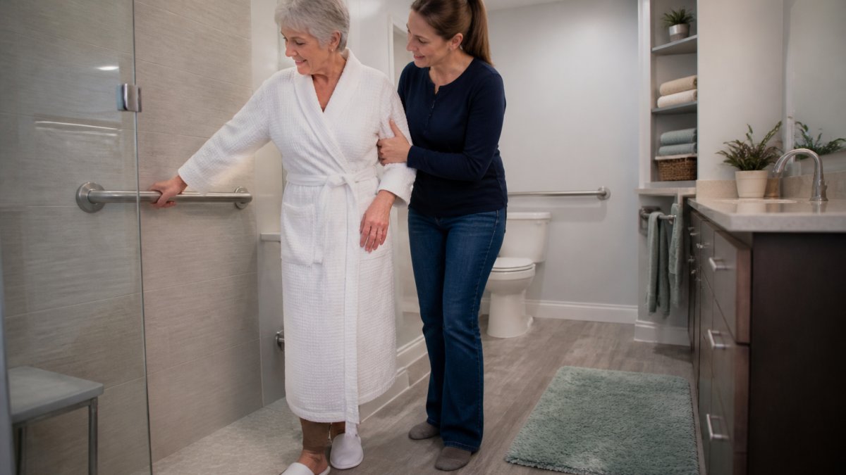 Caregiver helping older adult use grab bars in modern bathroom with improved lighting, non-slip flooring, and accessible storage