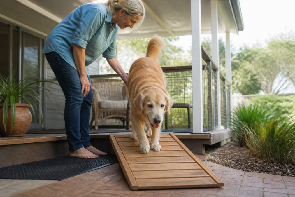 Senior golden retriever using a wooden ramp to improve senior dog mobility on a veranda with non-slip rubber matting.