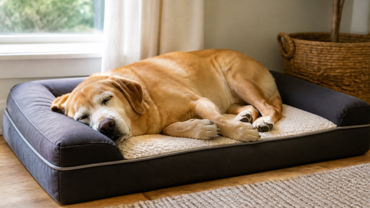 Senior dog resting peacefully on a supportive orthopedic bed with proper body alignment, showing relaxed posture and comfort in warm natural lighting