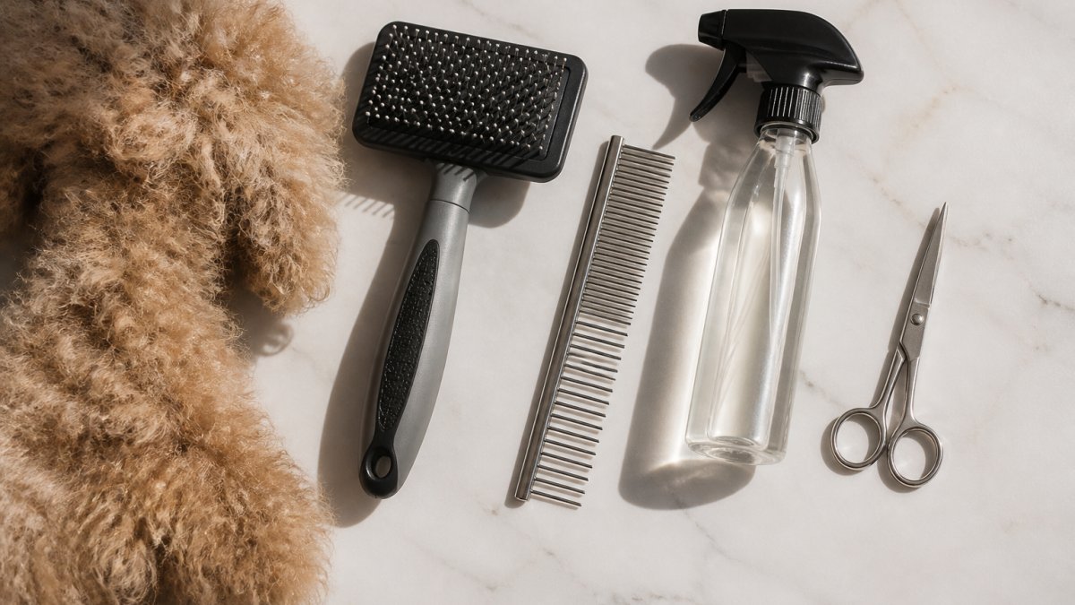 Flat lay of essential mat removal tools arranged on a clean surface: slicker brush with fine wires, metal comb with both fine and wide teeth, bottle of detangling spray, small grooming scissors, and a section of curly dog coat showing matted texture in natural daylight