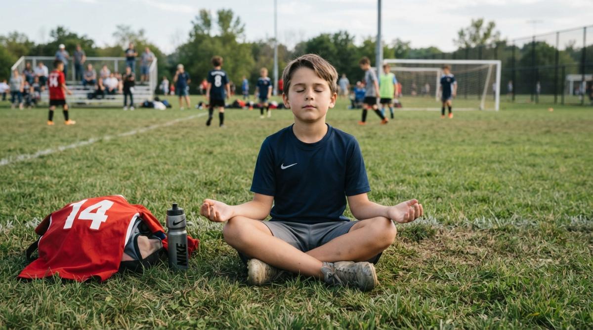 Young athlete sitting cross-legged outdoors on grass, eyes closed, practicing deep breathing with calm expression before a game or practice