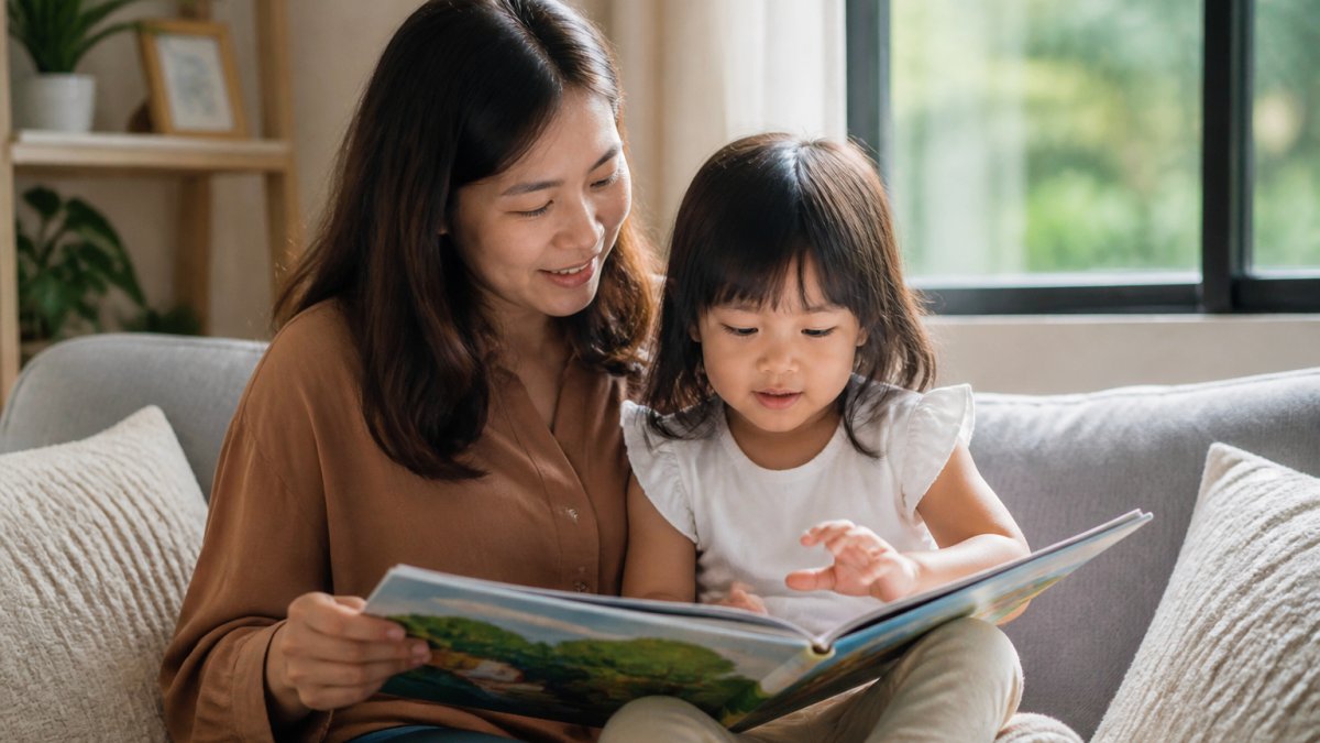 Parent and young child reading a colorful picture book together on a cozy couch in a bright living room