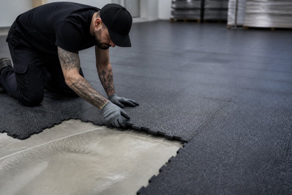 Professionel installer lægger modulære PVC-fliser med klik-låsesystem på betonunderlaget i et kommercielt rum, der viser korrekt installationsteknik og præcis fliseplacering