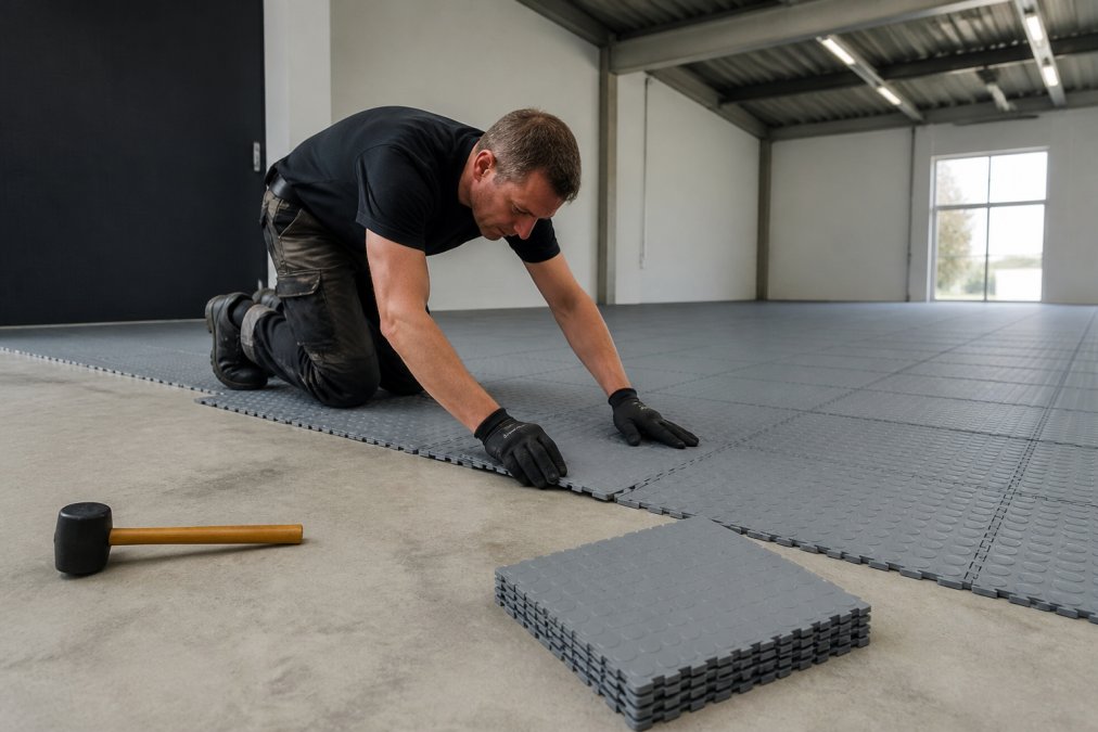 Professionel installatør lægger modulære Hemagulve vs andre gulvløsninger med klik-system på et betonunderlag