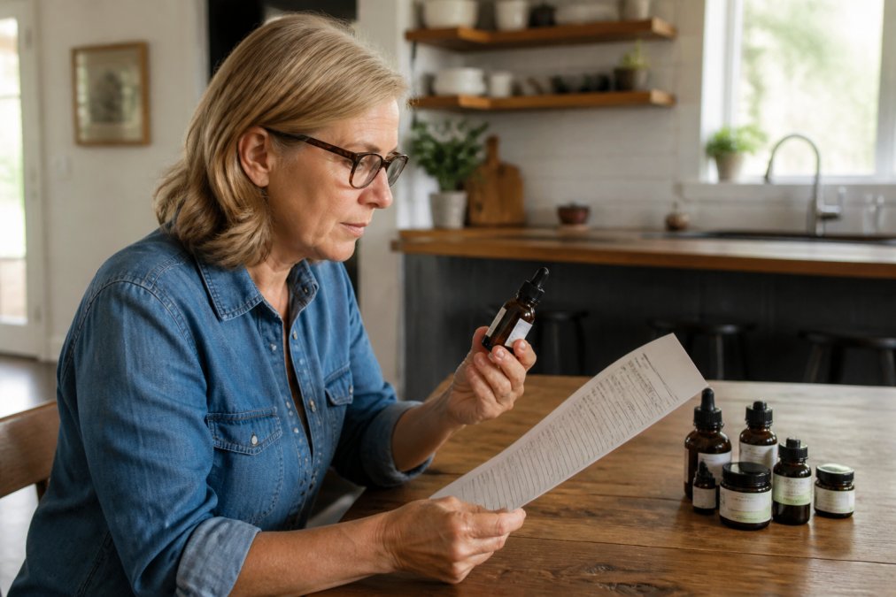 Person holding a CBD product bottle while reviewing a certificate of analysis document on a tablet in a bright, modern home setting