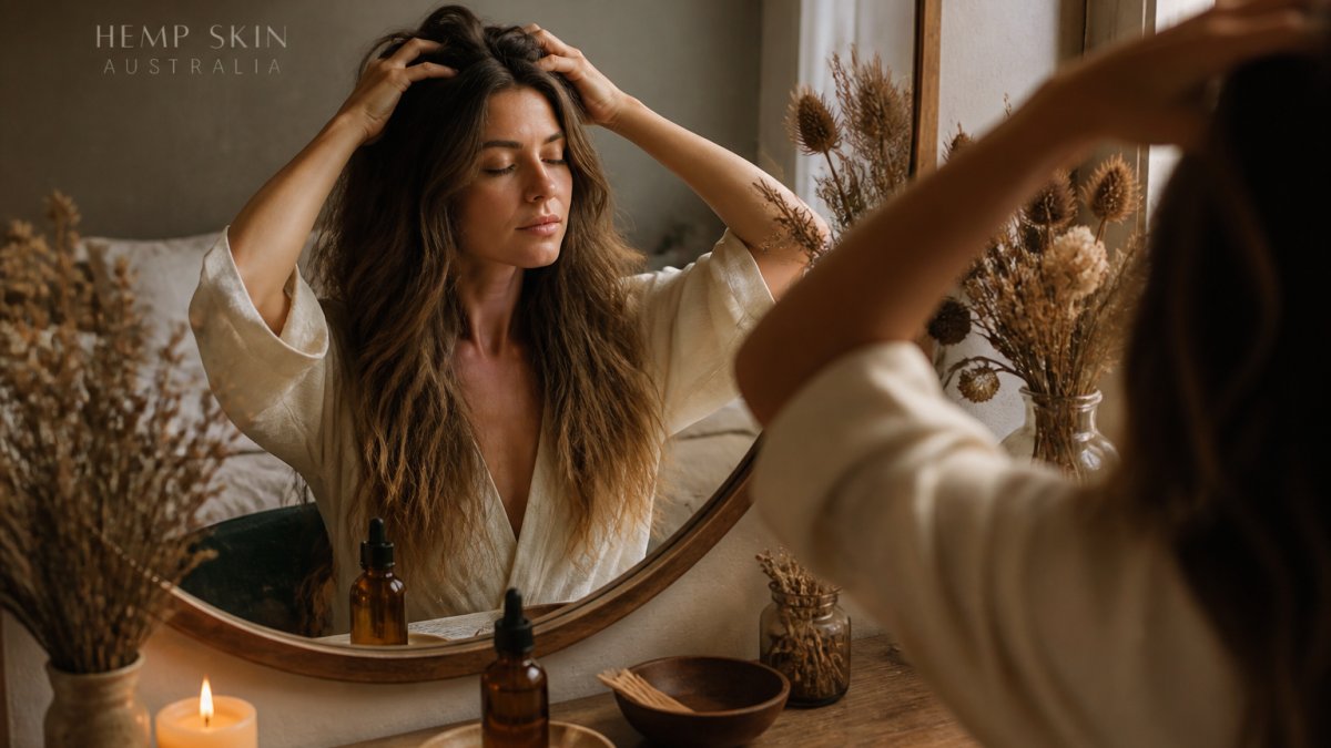 Infographic illustrating a step-by-step ritual for massaging natural oil into the scalp to improve hair health