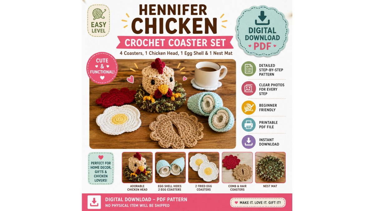 Hennifer Chicken Crochet Coaster Set (Digital Download)