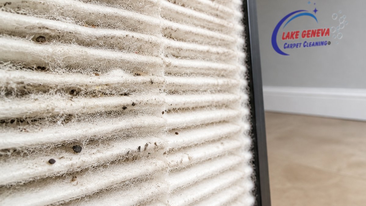 Close-up of HEPA filter material showing fine dust particles and microscopic contaminants trapped in the dense white fiber layers under bright lighting