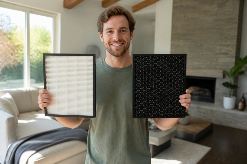 A person holding a white pleated HEPA filter in one hand and a black granular carbon filter in the other, standing in a sunlit modern living room, soft natural window light across both filters