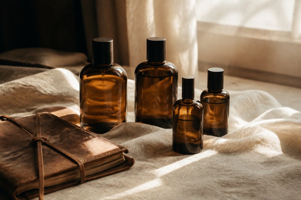 Elegant amber glass perfume bottles arranged on a cream linen cloth beside a worn leather journal, soft golden window light casting gentle shadows, warm neutral tones with minimalist styling