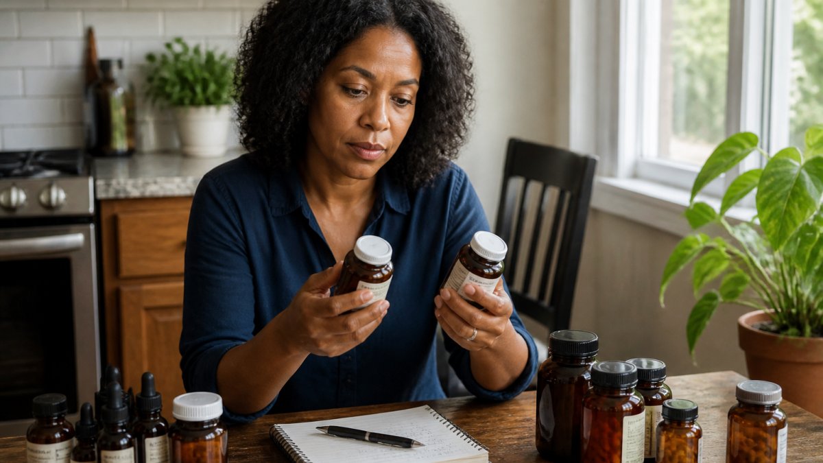 A person comparing supplement labels at a kitchen table, with a notebook, pen, and several amber bottles and capsule jars visible, natural daylight