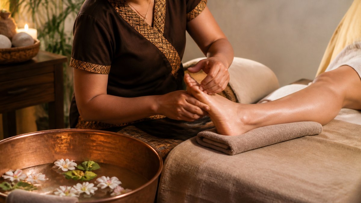 Professional therapist performing herbal oasis foot massage technique on client's foot in calm spa setting with soft warm lighting and natural elements
