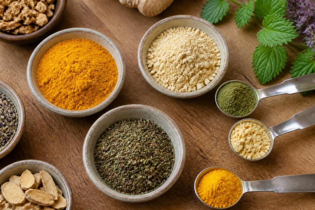 Overhead arrangement of various herbal powders in small ceramic bowls and measuring spoons on a wooden surface, showing vibrant golden turmeric, pale ginger, and dark green dried herbs in natural daylight