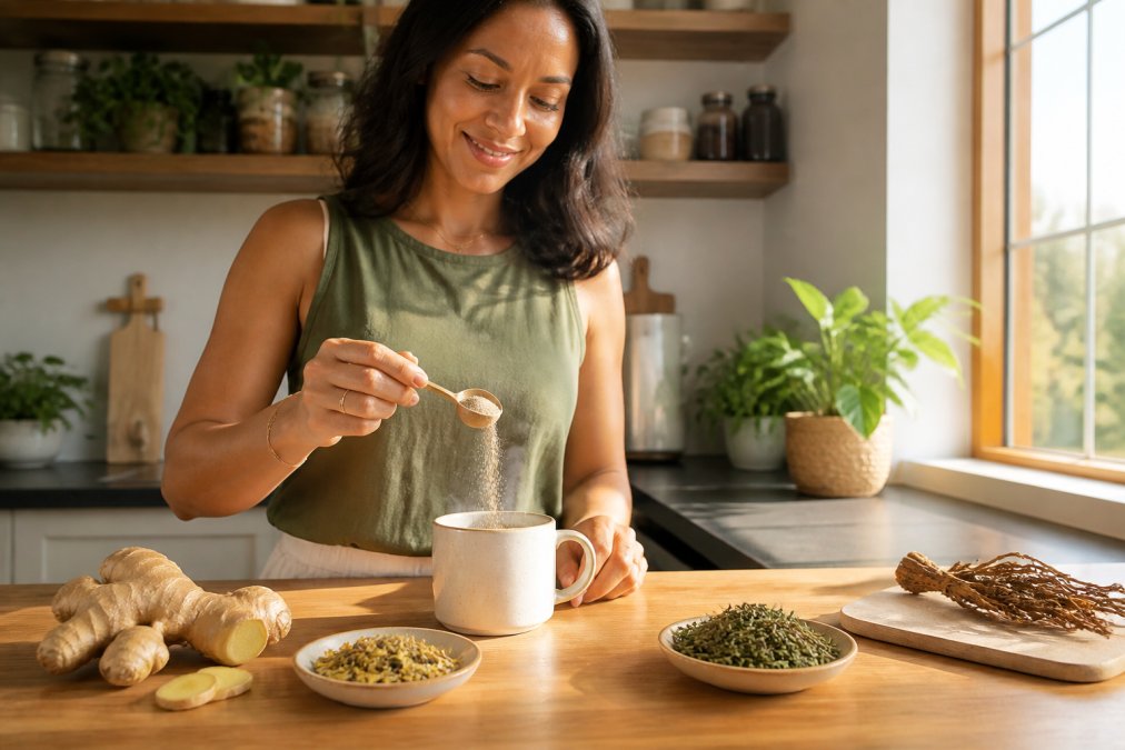 Woman in bright kitchen pouring herbal powder into a ceramic mug of steaming water, with fresh ginger root and dried herbs visible on the counter beside her, warm afternoon sunlight streaming through the window