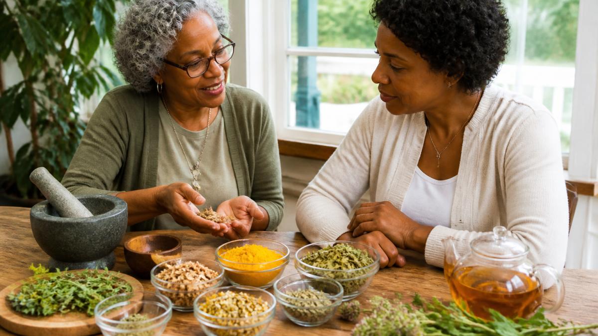 Infographic visualizing herbal protocols for nerve health using dried herbs, turmeric, and a mortar and pestle.