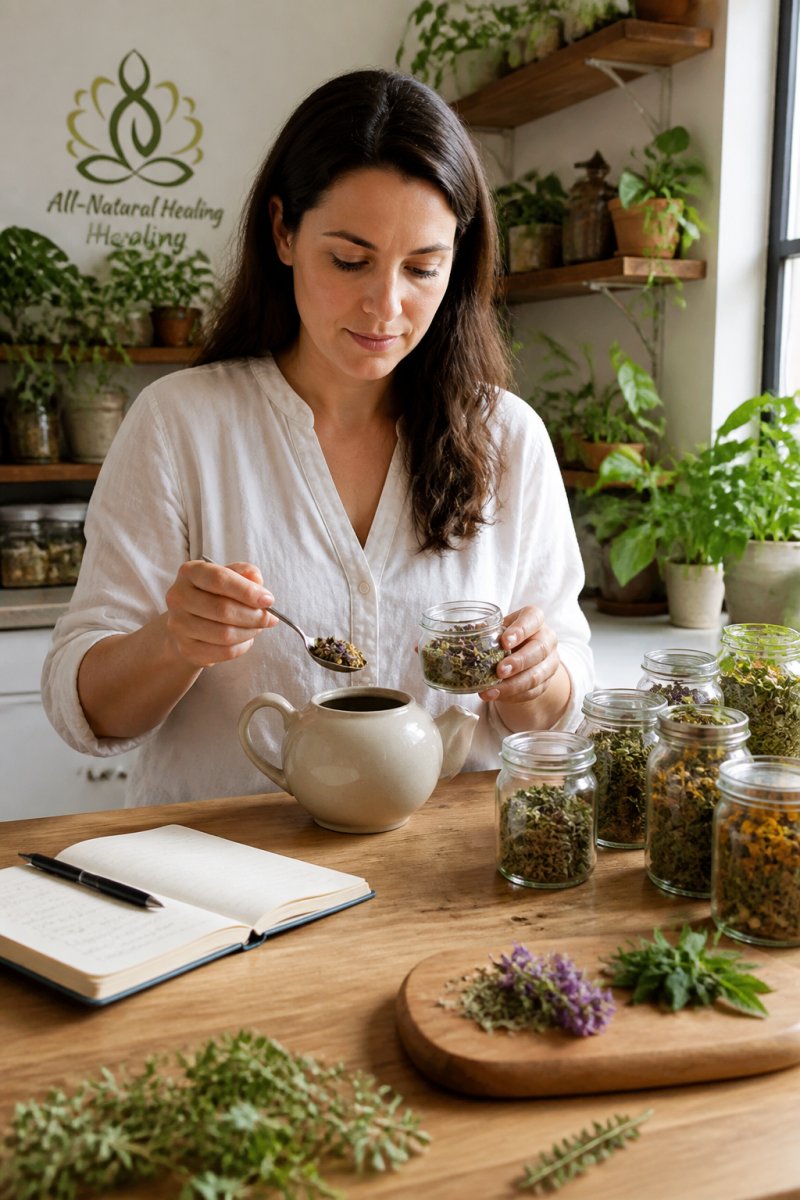 A person in a bright, plant-filled kitchen carefully measuring dried herbs into a ceramic teapot, with a notebook and glass jars of herbs on the counter