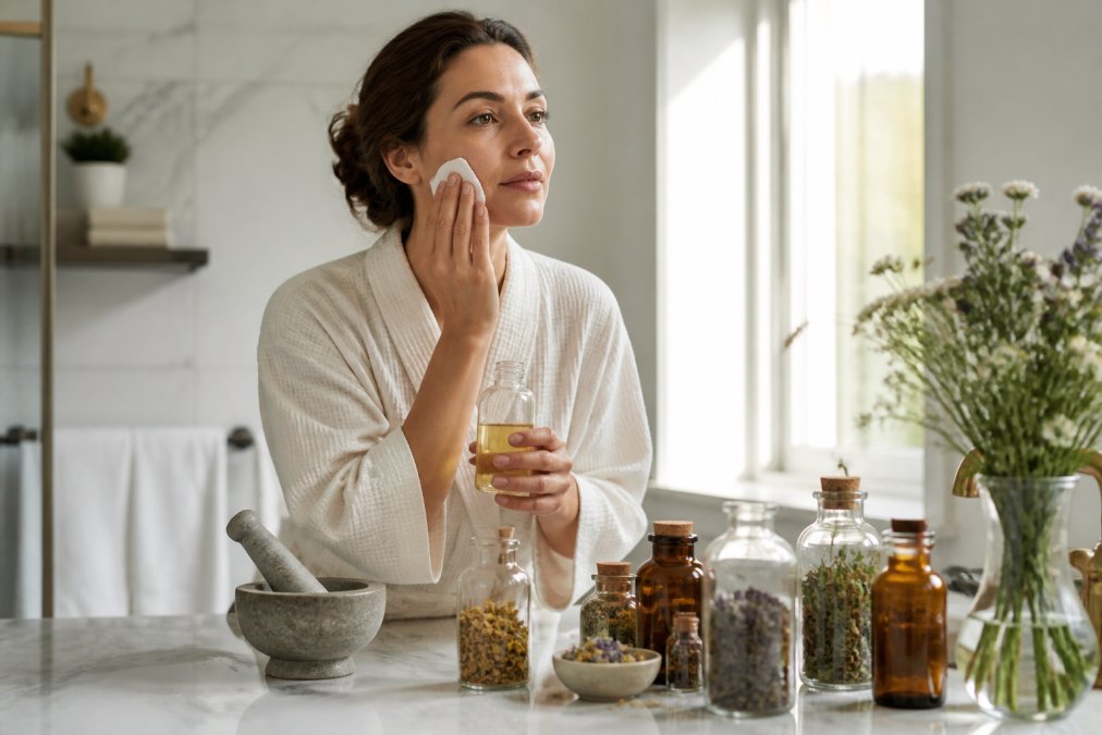 Person applying herbal toner to face with a cotton pad in a bright, minimalist bathroom with glass bottles of herbal preparations on a marble counter