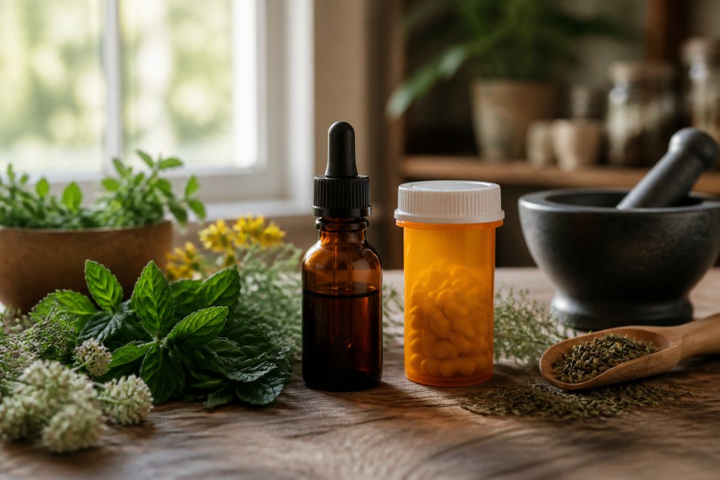 A wooden table with a small amber tincture bottle, fresh herbs, and a standard prescription pill bottle side by side, natural light from a window