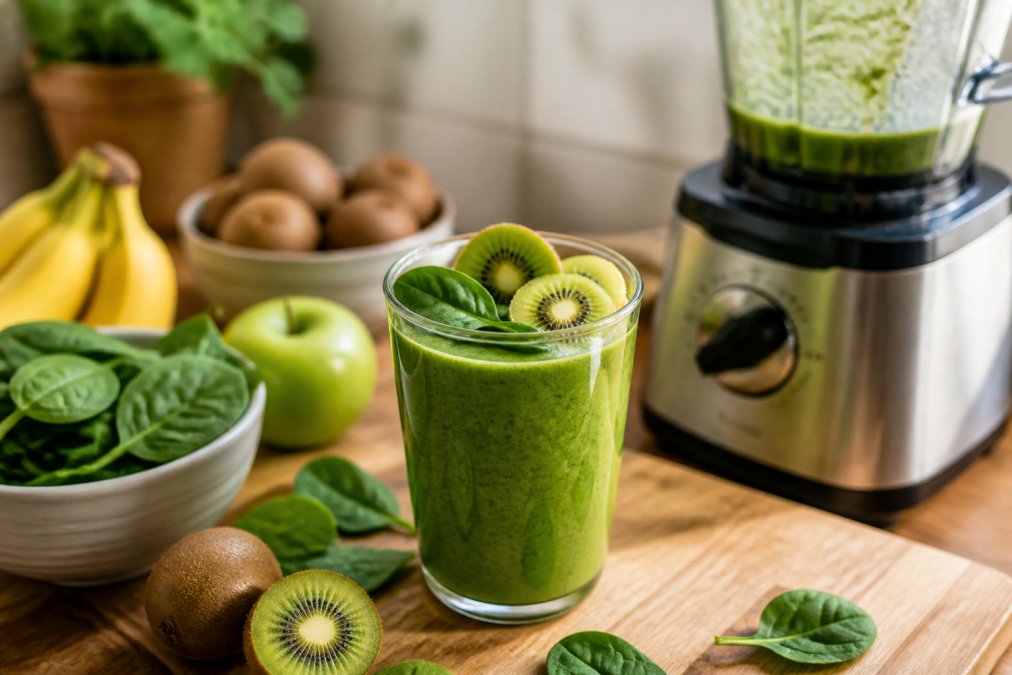 Green smoothie with spinach and kiwi on a wooden counter for mental clarity