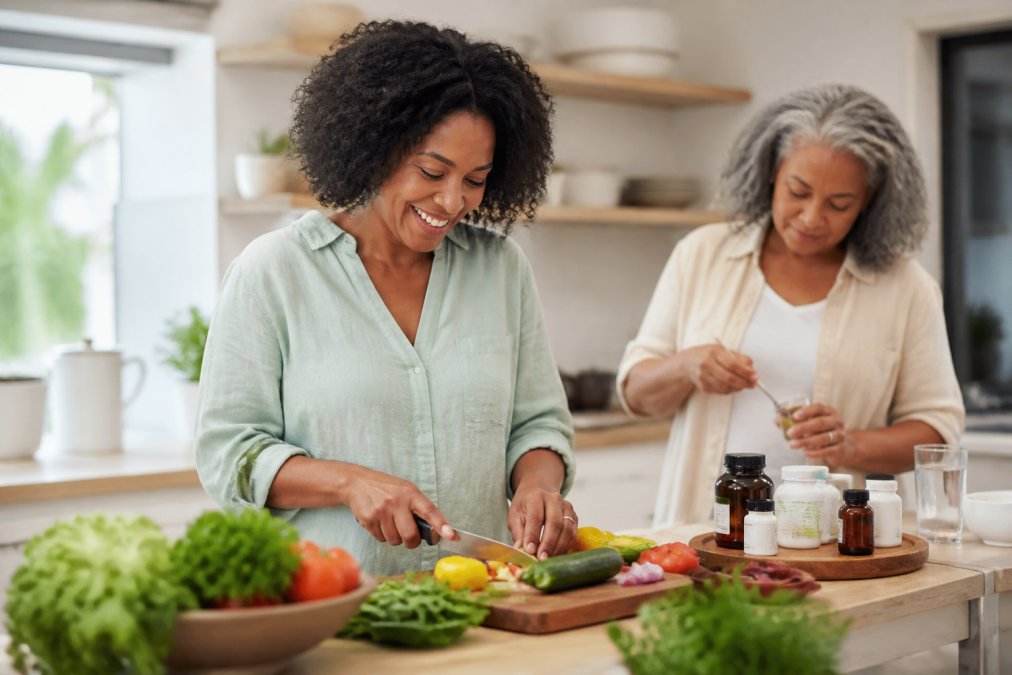 Person preparing a healthy meal with fresh vegetables and herbs in a bright kitchen, measuring supplements in the background