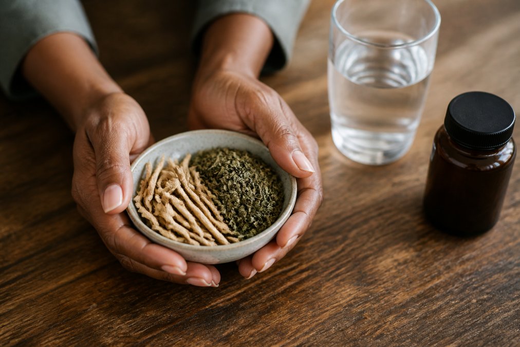 Infographic showing ashwagandha and green tea as herbs for cellular health support in a supplement routine