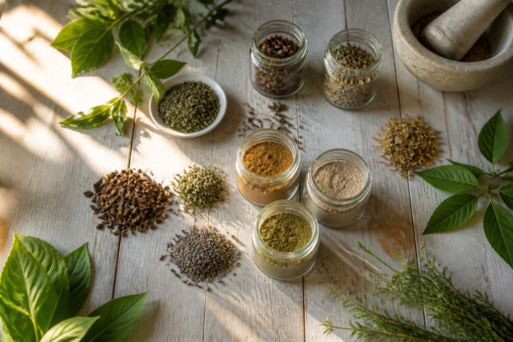 Flat lay of dried herbs, small glass jars of herbal powder, and green plant leaves arranged neatly on a light wooden surface with soft natural morning light streaming from the left
